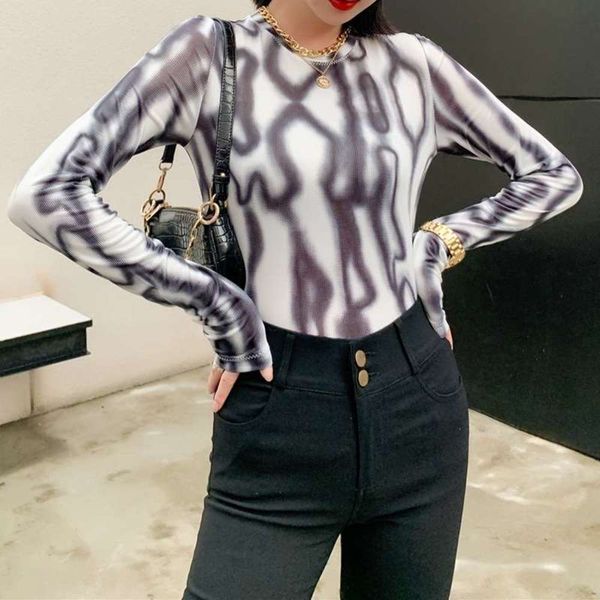 

women's wind ins long sleeve t-shirt ultra fire slim fit round neck with underlay shirt autumn tie dye tight top, Black;gray