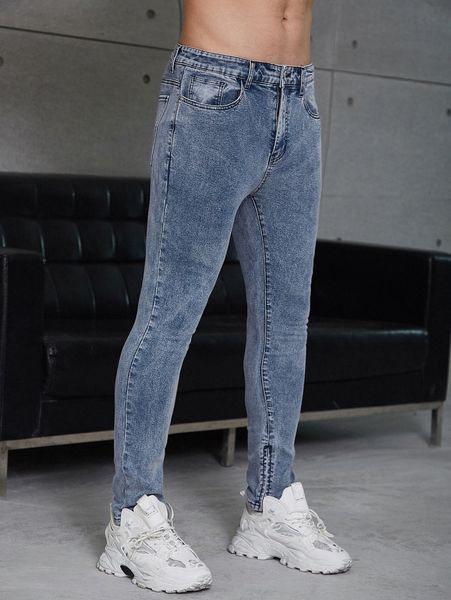 

men washed split hem skinny jeans a6yn#, Blue