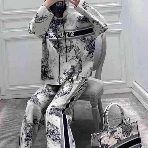 

women's two piece pants autumn and winter fashion letter jacquard loose trousers set female tmwv, White