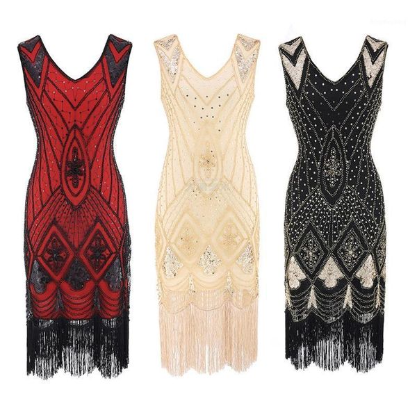 

women party dress 1920s great gatsby flapper vestidos sequin bead fringe dress evening v neck embellished fringed sleeveless@351, Black;gray