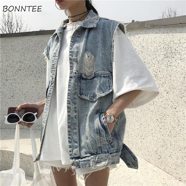 

waistcoats women vests female spring summer hole solid leisure womens fashion loose denim sleeveless jacket students korean chic1, Black;white
