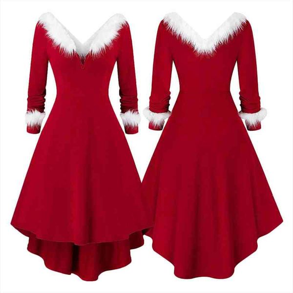 

women christmas long sleeve v-neck red midi swing dress white plush trim pleated asymmetric party santa costume, Black;gray