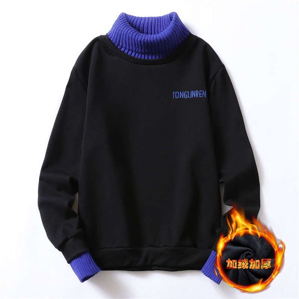 

plush for autumn winter loose style and versatile youth thickened high collar fake two piece men's sweater without, Black