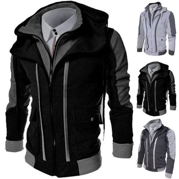 

casual men jackets coats winter thin warm zipper hooded jackets fake two pieces sports sweatshirt men's clothing dispel cold1, Black