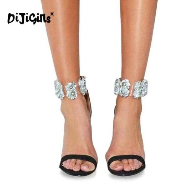 

dijigirls 2021 summer sandals women shoes crystal sequins flowers high-heeled hollow peep toe stiletto elegant party shoes, Black