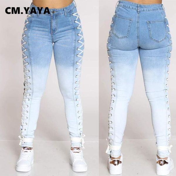 

cm.yaya gradient gradient на шнуровке боковых джинсовых брюк ретро сексуальные джинсы разорванные карандашные брюки улица тощая высокая тали, Blue