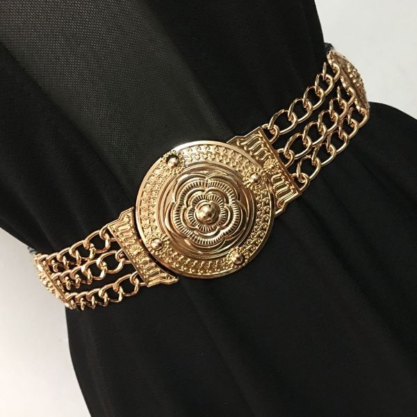

cinto corrente dourada, elstico feminino com flores metal, stretch, decorativo e dourado, de metal, Black;brown