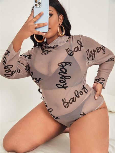 

plus letter graphic mock neck mesh bodysuit without lingerie x3se#, Black