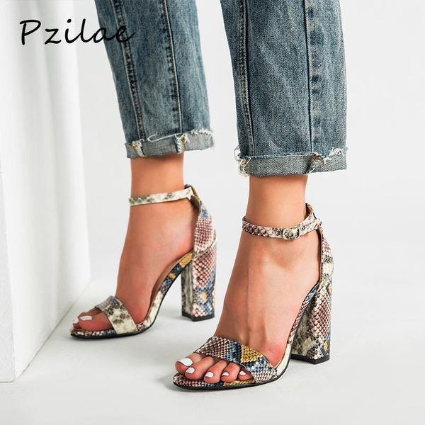 

pzilae women block heel sandals 2020 fashion ladies square high heels shoes buckle strap snakeskin print women sandals size 431, Black