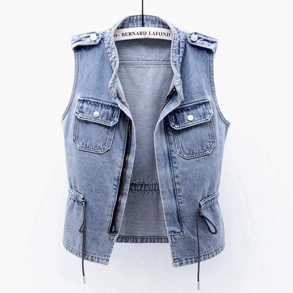 

women's vests vintage blue denim vest women big size slim short waistcoat drawstring zipper stand collar sleeveless jacket jeans female, Black;white