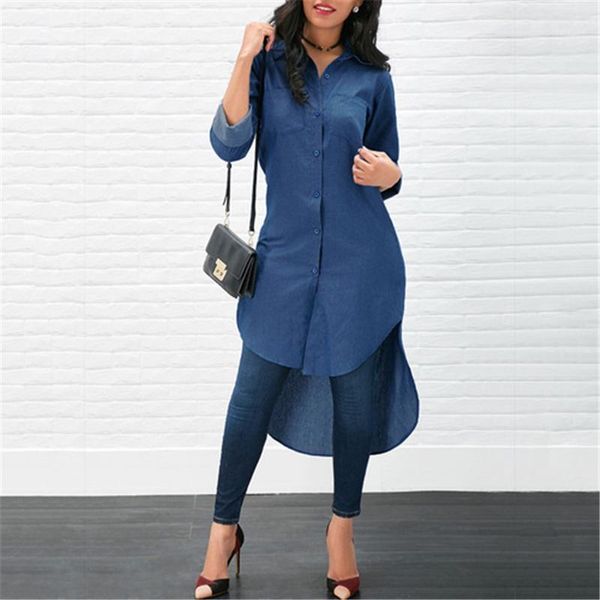

spring autumn shirts women long sleeve irregular blouse turn down collar women denim long shirt female blouse gaoke1, White