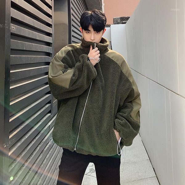 

men's down & parkas 2021 autumn and winter youth loose color matching thick lamb wool coat fashionable casual stand collar jacket1, Black