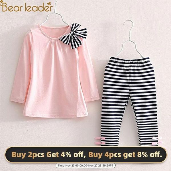 

bear leader girls clothing sets new fashion style long sleeve striped bow design t-shirt+striped pants for girls clothes 201126, White