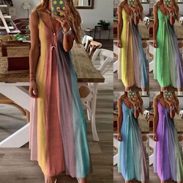 

women sleeveless spaghetti strap dress plus size v-neck maxi dresses summer gradient printing long dress holiday beach sundress, Black;gray