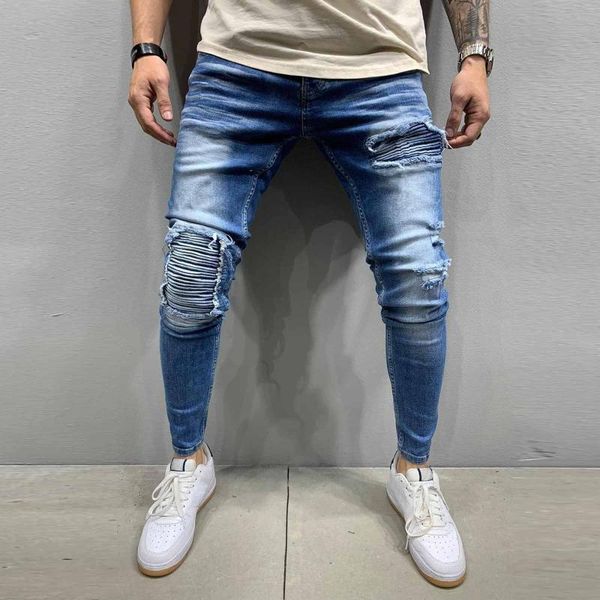 

men's jeans men stretchy ripped skinny biker blue denim destroyed hole taped slim fit scratched jean#g30