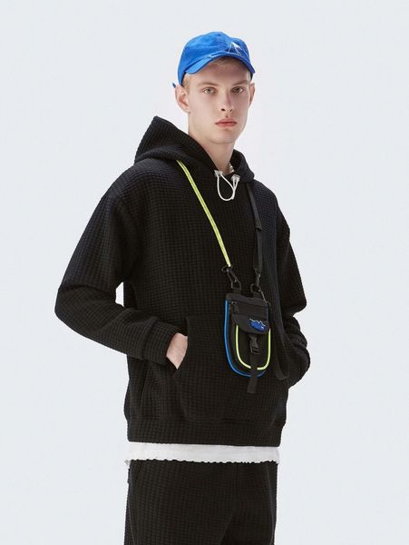 

men drop shoulder waffle knit hoodie u74j#, Black