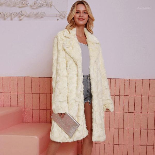 

new autumn winter women faux fur long coat notched collar long sleeve open front warm jacket outerwear female hairy overcoat1, Black