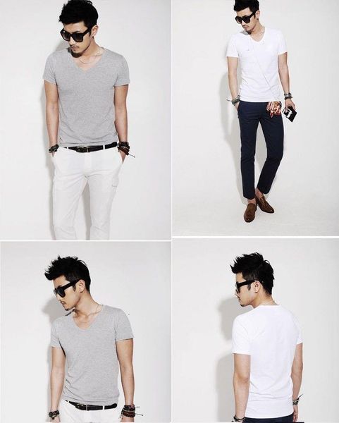 

новые тонкие футболки pure color o / v-образным вырезом с короткими рукавами мода мужские летние футболки tee slim fit простые мышечные трой, White;black