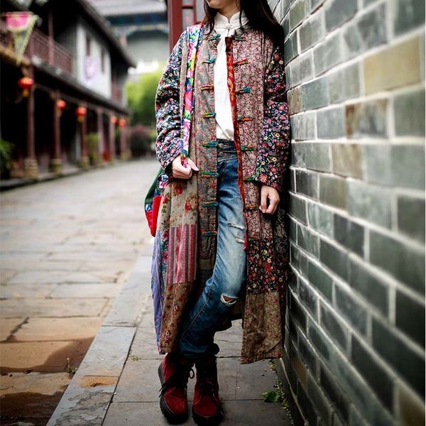 

vintage cotton linen long mid-calf coat women flower loose chinese style outerwear long sleeve patchwork dresses lj201128, Tan;black