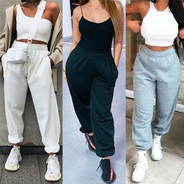 

женщины joggers широкие спортивные штаны для ног твердые высокие талии спортивные брюки уличные корейские повседневные свободные брюки гарем, Black;white