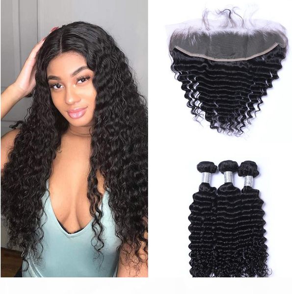 

brazilian deep wave human hair weaves 3 bundles with 13x4 lace frontal ear to ear full head natural color can be dyed human hair extensions, Black