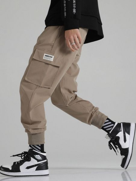 

men patched flap pockets cargo pants 92dm#, Black