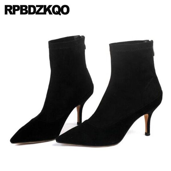 

boots sheepskin black high heel booties stiletto suede pointed toe fall short 2021 fur shoes brand women winter genuine leather