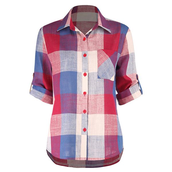 

womens plaid plus size clothes turn down collar long sleeve woman shirts streetwear women and blouses q1217, White