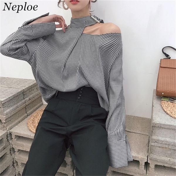 Neploe Frauen Plaid Shirts Koreanische Vintage Mode Halter Patchwork Bluse Langarm Casual Lose Weibliche Blusas LJ200811