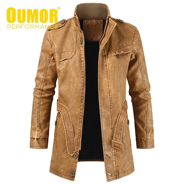 

oumor men winter new casual long thick fleece leather jacket parkas men outfit warm vintage pockets faux leather jacket coat men 201114, Black;brown