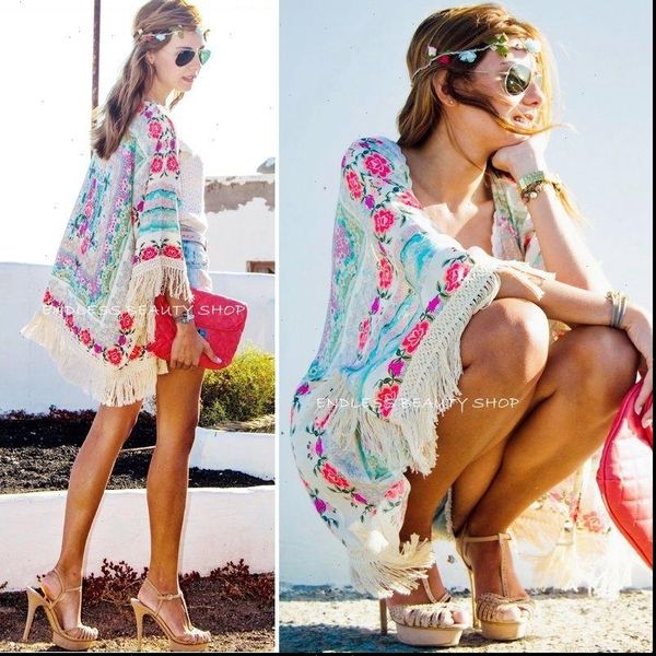 

womens clothing new fashion women boho fringe floral kimono cardigan tassels beach cover up cape jacket, White