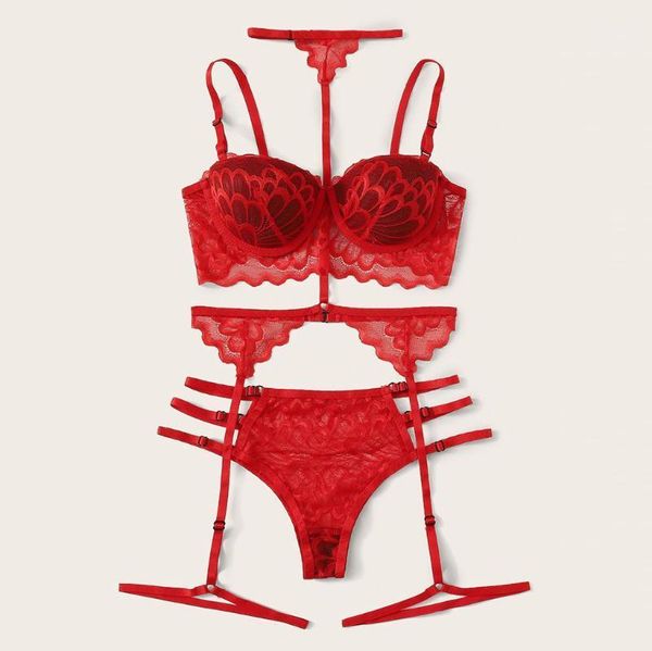 

christmas floral lace cut out lingerie set women intimates 2020 underwire see through bra and thongs underwear set b41, Red;black