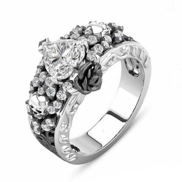 

wedding rings vintage devil death skull black color finger for women engagement shiny crystal flower ring gothic boho jewelry1, Slivery;golden
