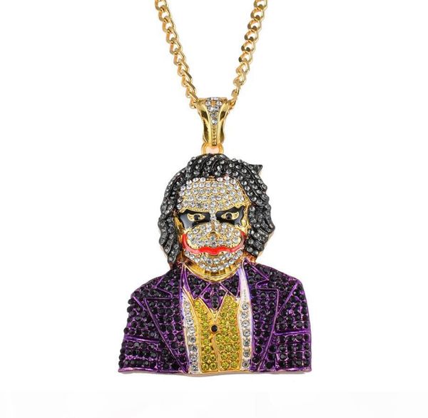 

fashion iced out large cartoon clown cosplay pendant necklace mens hip hop necklace jewelry 76cm gold cuban chain for men women, Silver