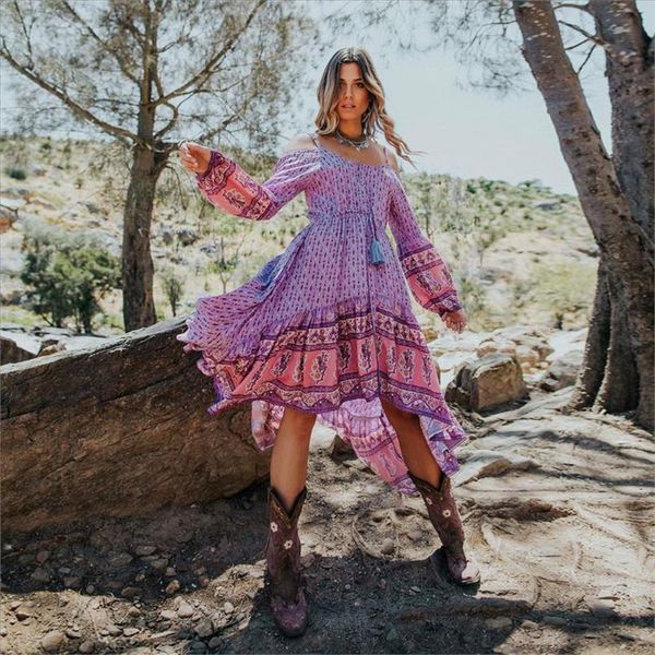 

chic print dresses women off the shoulder open back dresses long sleeve autumn midi dress beach boho vestidos 2019, Black;gray