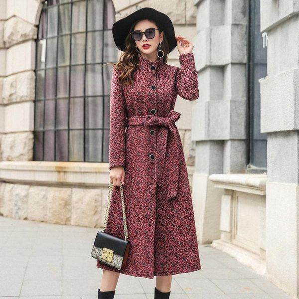 

korean tweed wool coat 2019 new autumn and winter jacket for women new long slim outwear plus size elegant overcoat belt f17461, Black