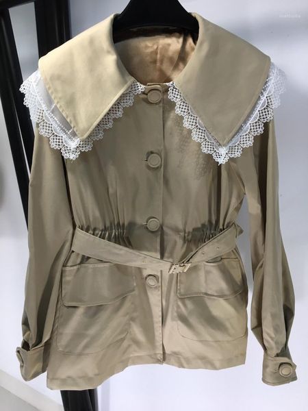 

2020 new ladies high-quality fashion long-sleeved lapel mesh lace lace-up waist trench coat 10161, Tan;black