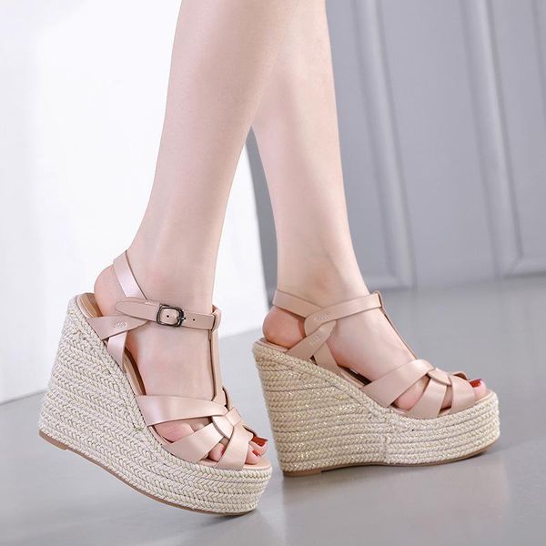 

buckle strap shallow gladiator wedges sandals peep toe super high platform ladies sandals rome ankle strap women shoes, Black