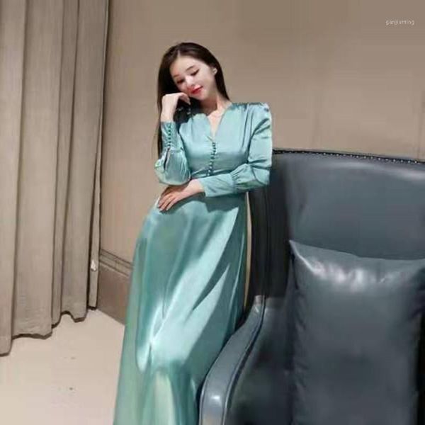 

2020 new dress elegant lady deep v-neck silk satin slim long-sleeved party dress green elegant long dresses clubwear1, Black;gray