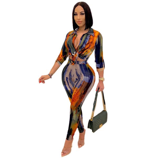 

xt spot wish fall/winter selling european and american womens printed wear tie-dye suit shirt two-piece set, White