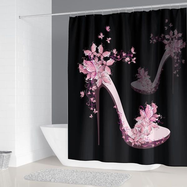 

3d black shower curtain pink high heels bathroom curtains with hooks non-slip rugs toilet lid cover mat carpet set home decor