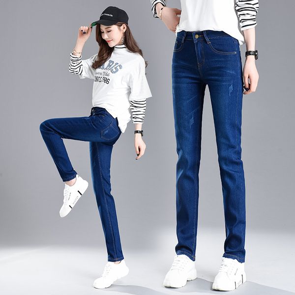 Брюки брюки поцарапанные прямые упругие узкие джинсы женские мода женская одежда джинсы полная длина брюки плюс размер 34 201105