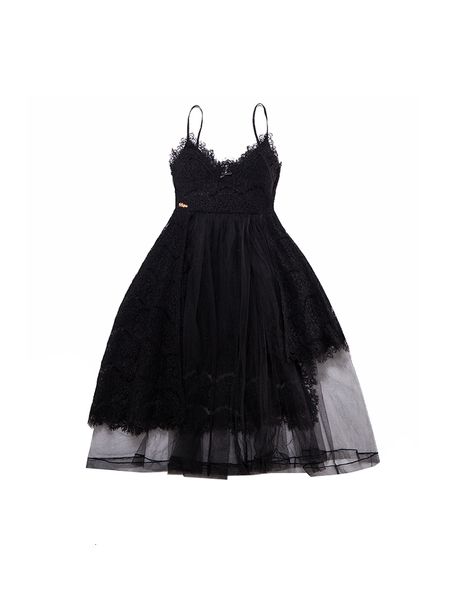 

2021 new le palais orgonal vintage sweet irregular lace bubble gowns mesh spaghetti girdle v-neck cut dress vyhe, Black;gray