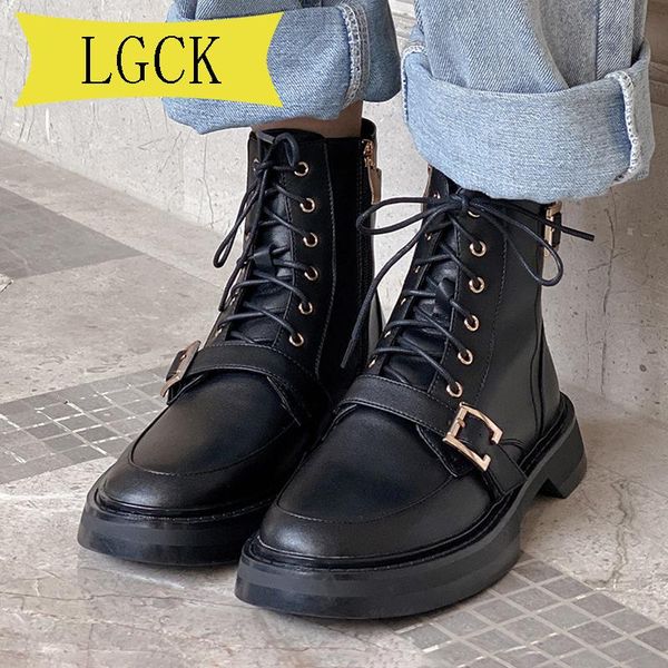 

big size 34-43 black punk platform motorcycle boot women lace up chunky heel boots belt buckle designer shoes