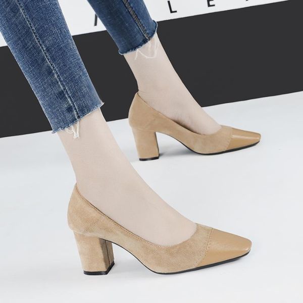 

dress shoes women square toe pumps 7cm chunky heels patchwork slip on sandals shallow slides casual zapatos mujer black beige camel