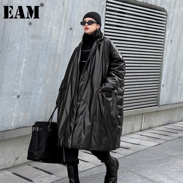 

eam] loose fit pu leather down jacket new stand collar long sleeve warm women parkas fashion tide autumn winter 2021 1dd17051, Black