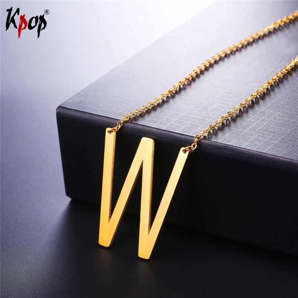 

pendant necklaces kpop stainless steel letter w with chain choker gold/black color for man/woman clavicle necklace jewelry p2624, Silver