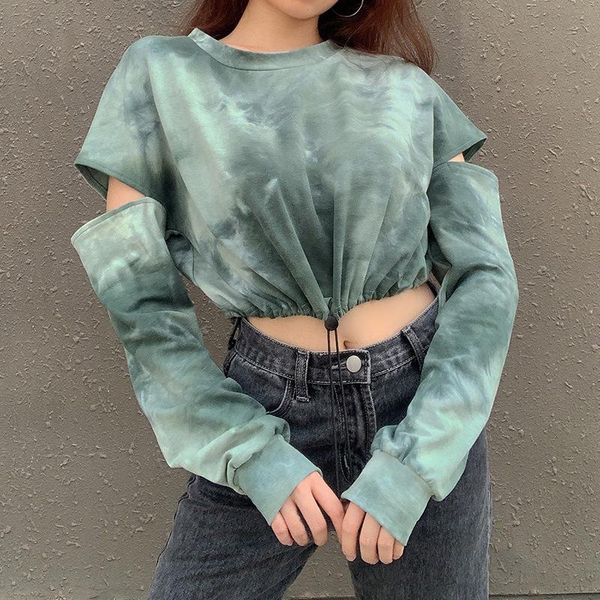 

autumn casual crop sweatshirts for women tie dye print punk girls' streetwear hollow out long sleeve pullovers, Black
