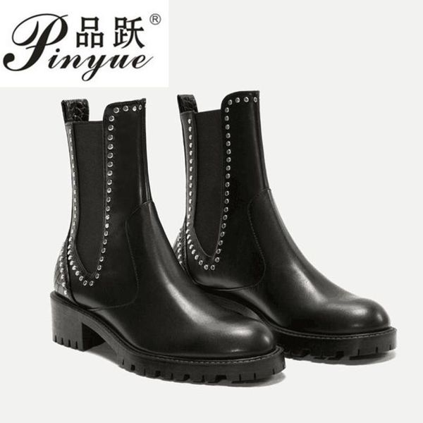 

winter women chunky heels platform martin boots black leather studded ankle boots for women platform rivet fur winter shoes