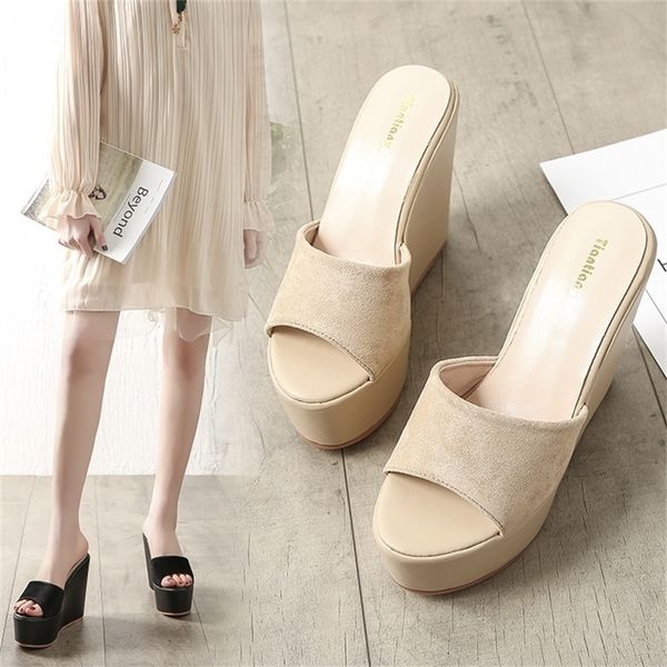 

summer woman high heel 14cm platform bath slippers wedge beach women flip flops outdoor casual ladies shoes y200423, Black